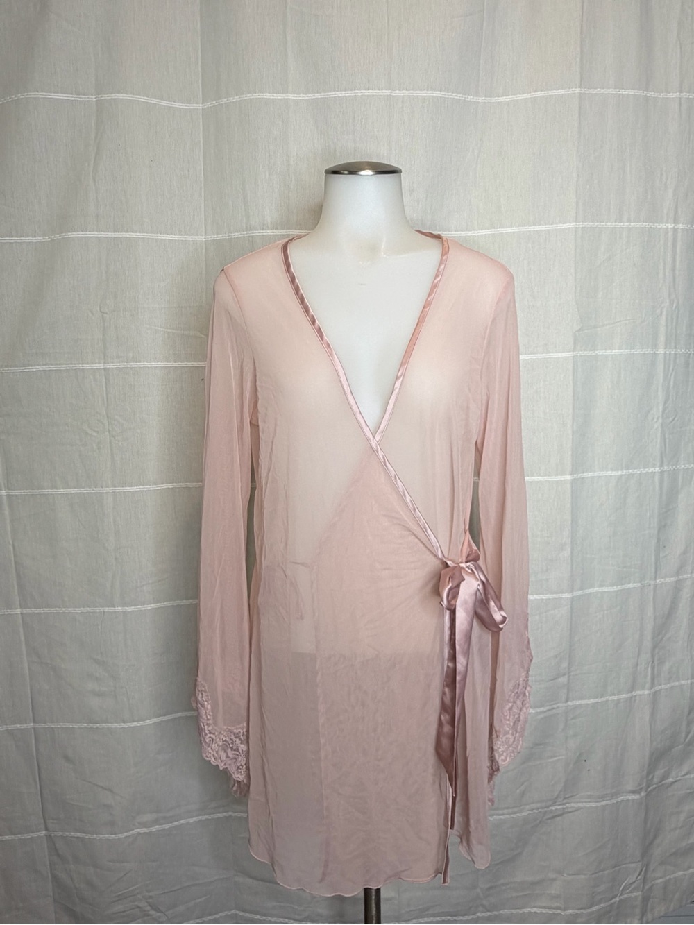 Frederick's of Hollywood Sheer Satin-Trim Wrap Robe in Light Pink